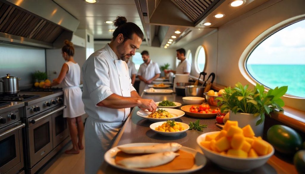 Chef in galley for cooking class on yacht in the Bahamas with tropical ingredients.